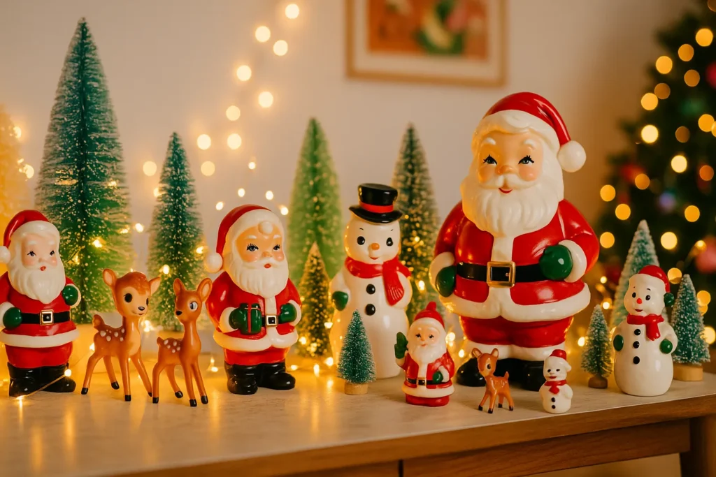 The BEST Kitschy Christmas Ideas – retro ceramic Christmas figurines display