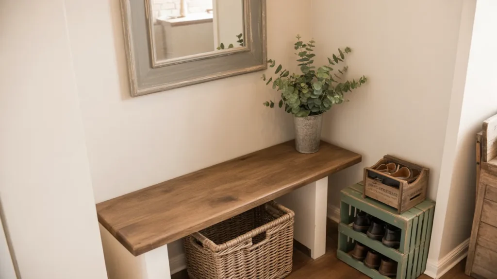 Corner of a mudroom with a rustic wooden bench, distressed framed mirror, vintage crate for shoes, and a small potted eucalyptus plant adding fresh green softness.
