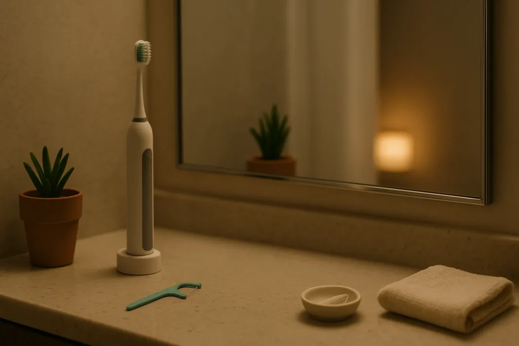 Minimal bathroom counter with an electric toothbrush, floss pick, and a small plant in warm evening light.
