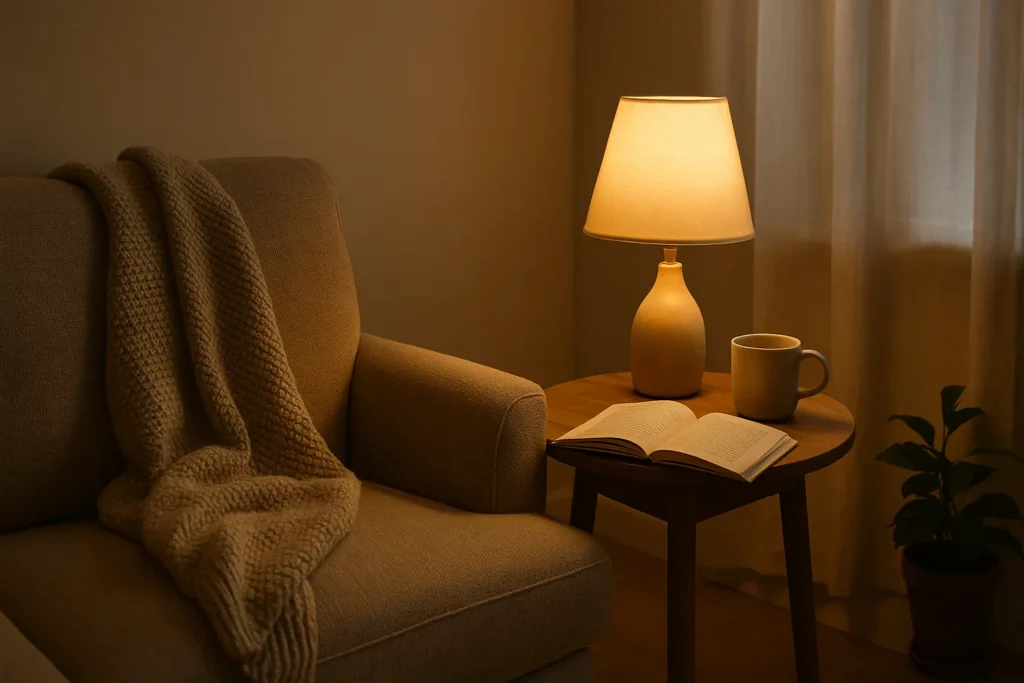 Cozy armchair with a knit throw beside a warm-lit side table with a book and mug (1600×900).
