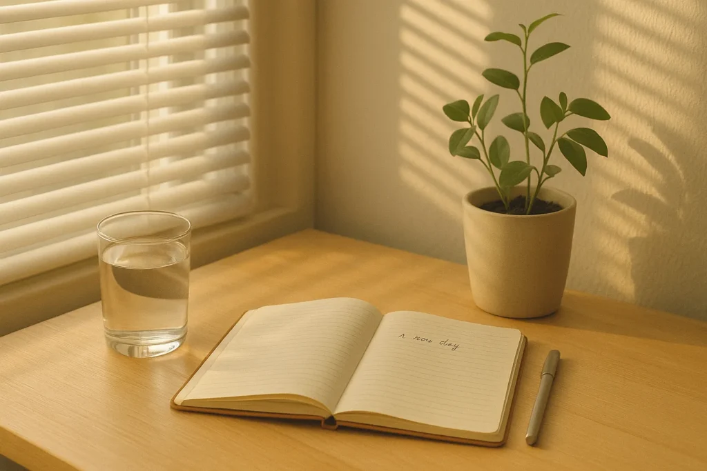 Simple morning ritual with water and a one-line journal.
