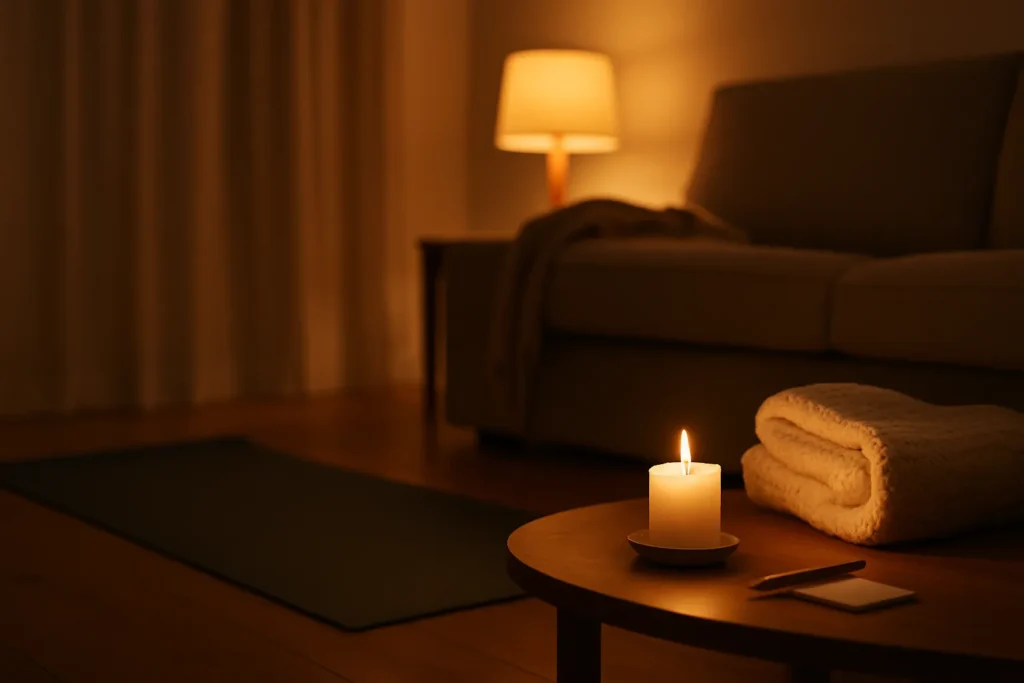 Yoga mat near a low table with a small candle and folded blanket under warm lamplight (1600×900).
