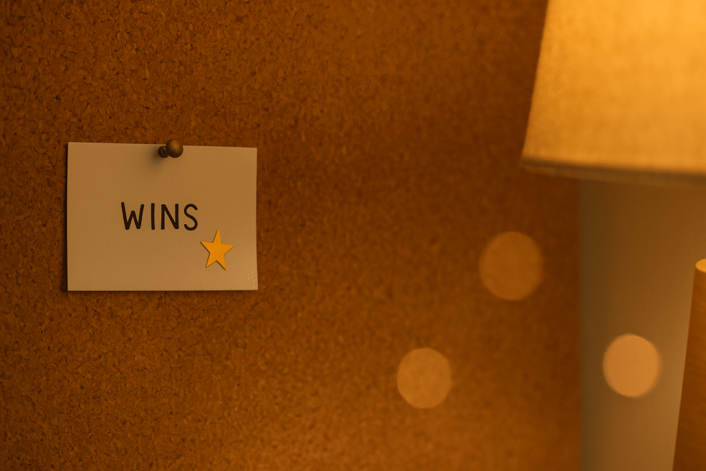 small “wins” card with a single star sticker on a corkboard under warm lamp glow—quiet recognition of progress