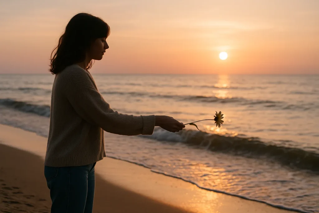 A woman standing at the edge of the ocean at sunset, gently releasing a flower into the waves, symbolizing choosing self-closure instead of chasing it from others.