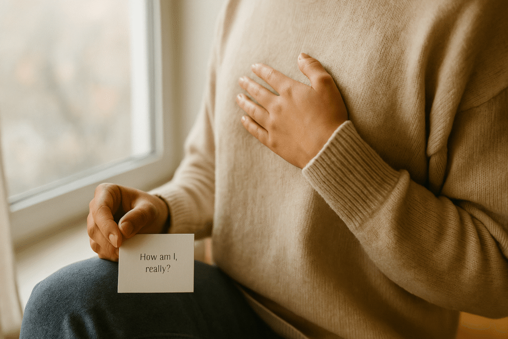 gentle self check-in—one hand over heart, the other holding a small card that asks “How am I, really?” beside a window