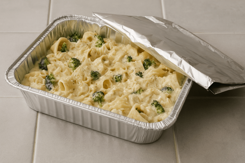 creamy chicken Alfredo pasta with broccoli in a foil pan, partially covered with foil for freezer storage