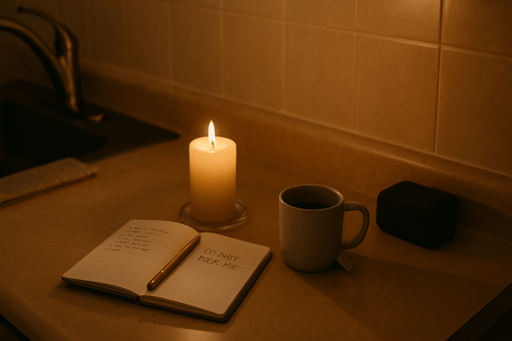 small nightly habit—candle and tea on a tidy kitchen counter with a little speaker nearby—signals the day is landing