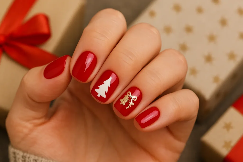 Classic red Christmas nails for short nails with tree, bells, and snowflake accents.