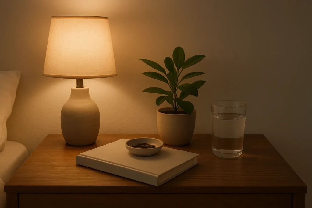 Organized nightstand with a book, small tray, plant, and water glass under a warm lamp
