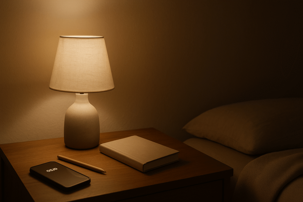 cleared nightstand—soft lamp, single book, and a small tray/dish creating a calm, uncluttered surface