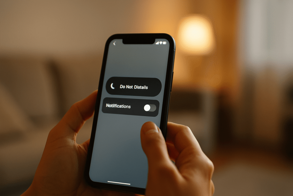turning off phone notifications to reduce digital noise—hand toggling a generic DND switch with a calm living room blurred behind