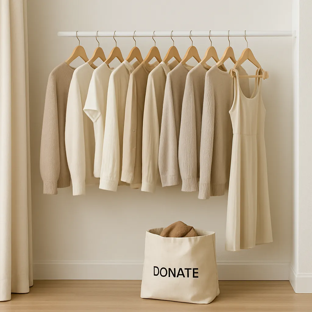 A simplified wardrobe with a small donate bag on the floor, showing easy Things To Declutter This Weekend in your closet.