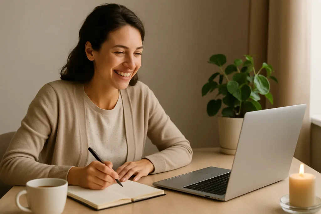 woman smiling at her laptop while taking notes, offering gentle coaching and support from home