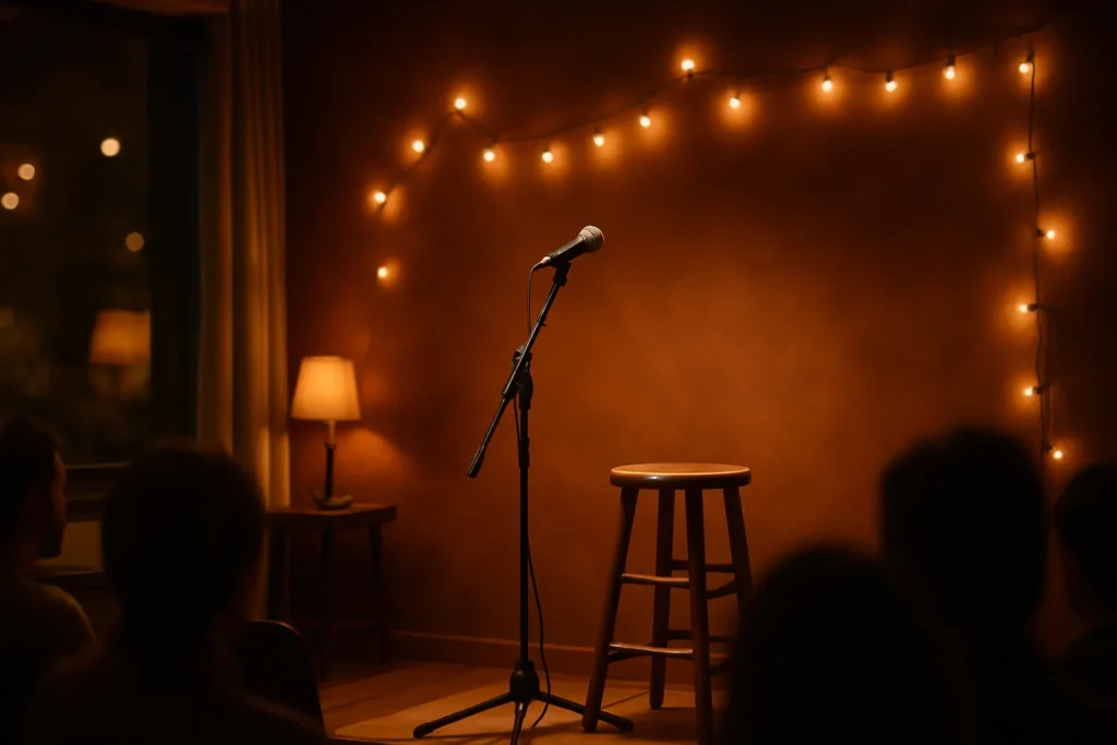 Cozy coffeehouse mic and stool on a small stage with string lights.
