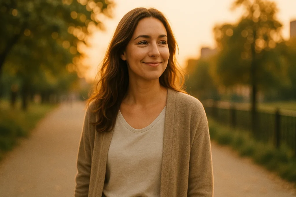 woman walking outside at golden hour with a relaxed smile, surrounded by soft sunlight and trees, symbolizing calm, realistic success built on gentle positive habits