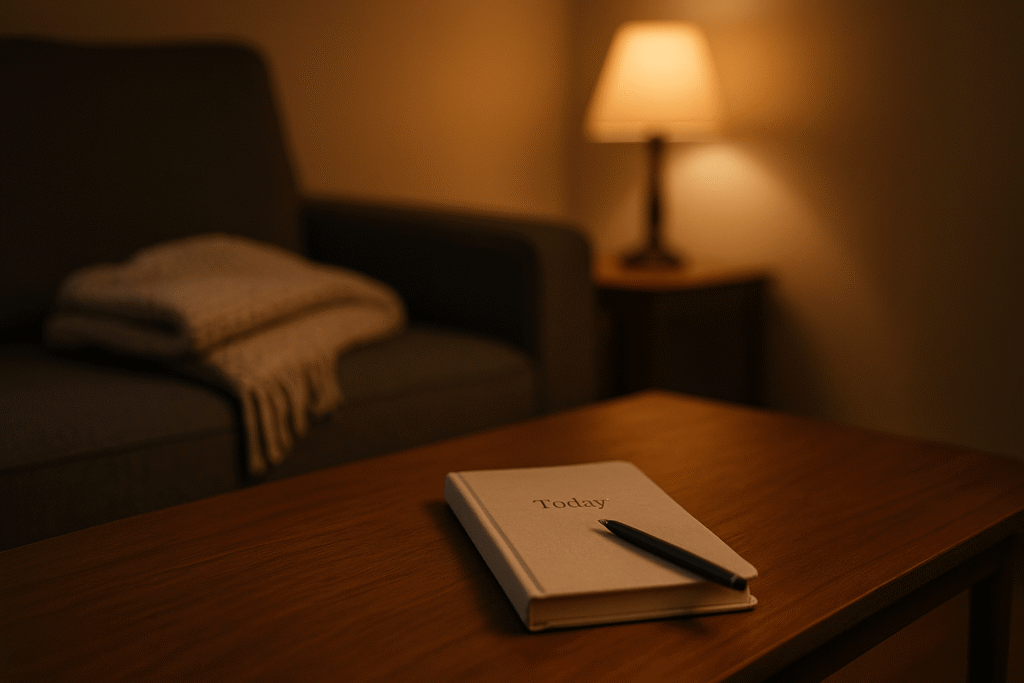 quiet evening moment that completes a gentle November reset—closed “Today” journal and pen on a coffee table with warm lamplight and a folded blanket