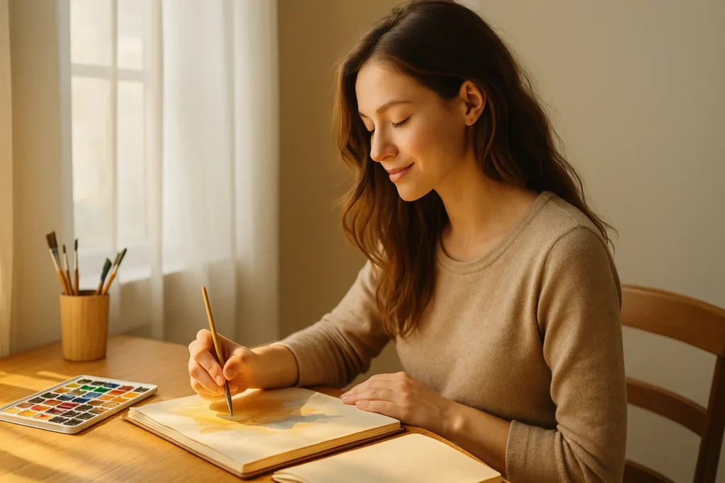Woman painting at a sunlit desk with watercolors and brushes—calm focus, creative flow.
