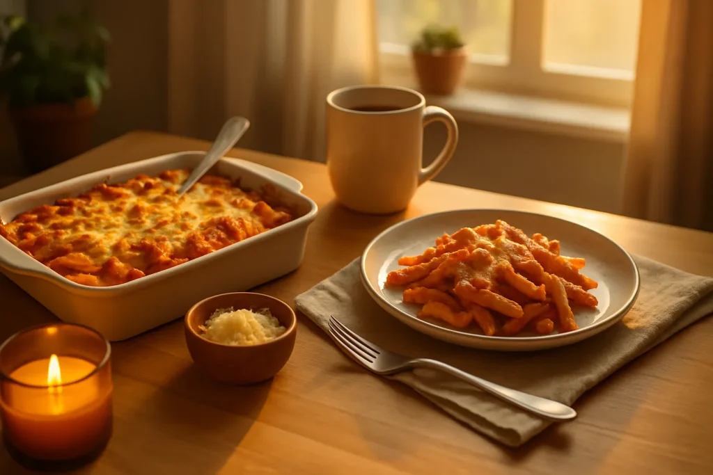 warm kitchen table with a baked pasta dish, plated serving, small bowl of grated cheese, lit candle, and mug in soft late-afternoon light, cozy comfort meal vibe