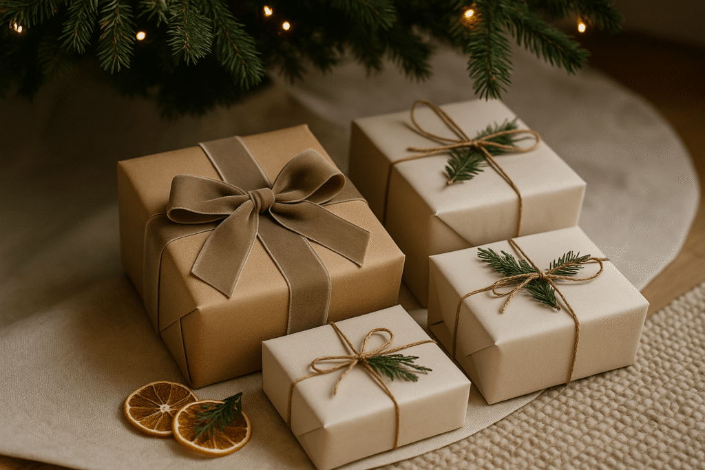Kraft and ivory gift wrap with velvet ribbon and twine, sprigs of cedar tucked under bows beneath a warm-lit tree.