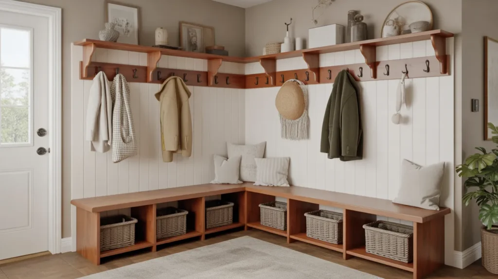 L-shaped wooden bench tucked into a corner near the door, baskets under each side and hooks plus shelves above, maximizing a small farmhouse mudroom corner.