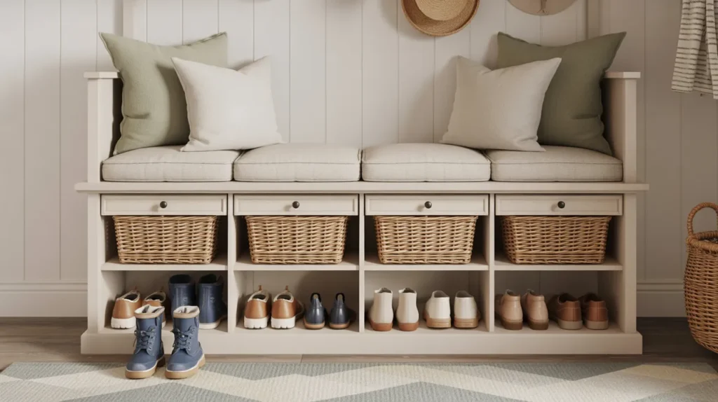 Long wooden peg rail on a creamy wall with a straw hat, canvas tote, and denim jacket hanging neatly above a simple bench in a tidy farmhouse mudroom.
