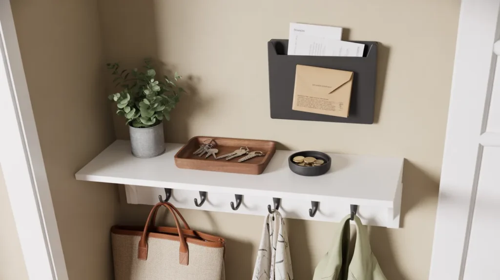 Narrow console shelf in a mudroom holding a wooden tray for keys, a tiny bowl for coins, and a wall organizer for mail, keeping everyday essentials contained by the door.