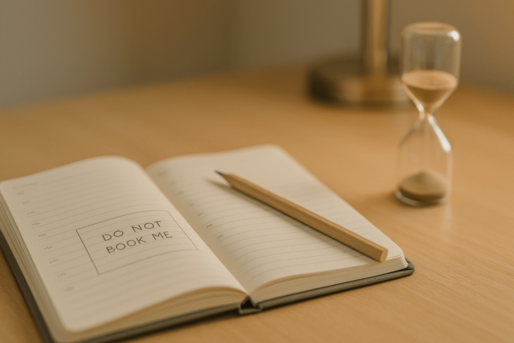 blocking a calendar buffer to protect energy—open planner with a “Do Not Book Me” time block, pencil, and a small hourglass