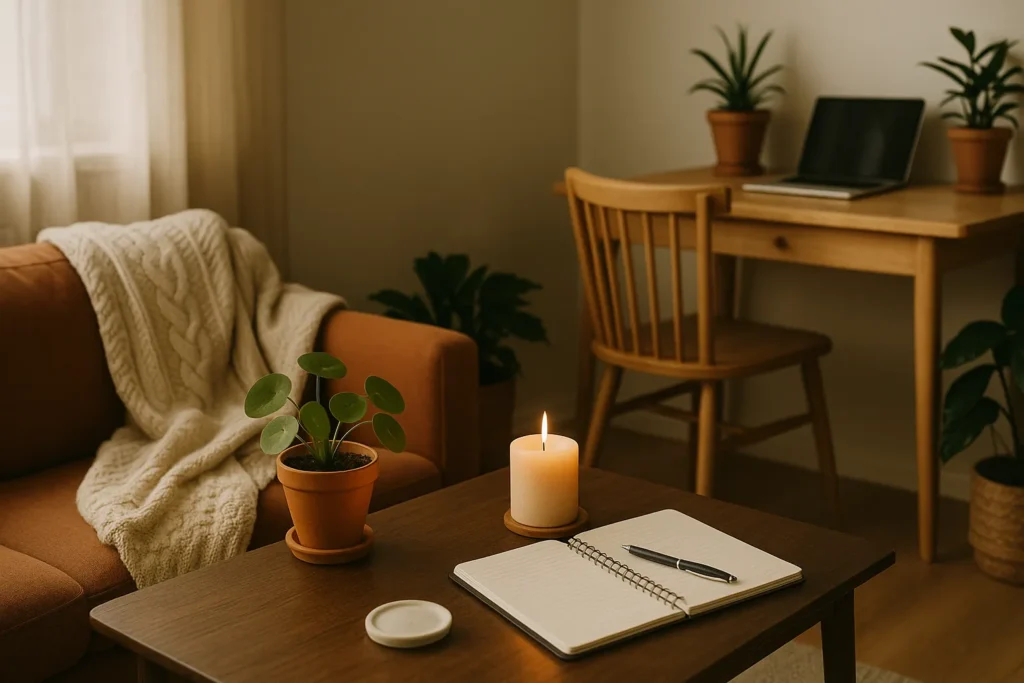 cozy living room corner with a soft blanket on the sofa, plants, a lit candle, and an open notebook on a wooden coffee table, showing peaceful daily rituals and lifestyle habits that make life easier