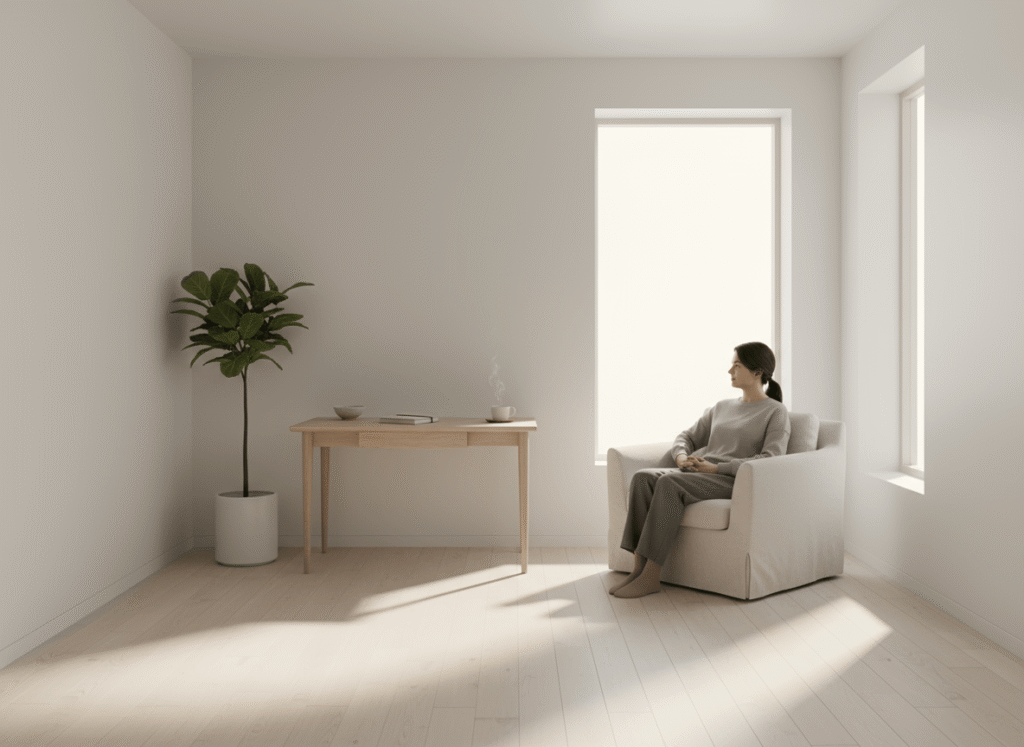 Clean minimalist desk after decluttering to clear the mind and space.