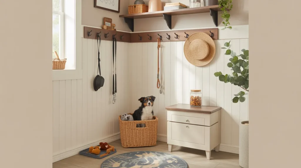 Organized pet corner in a mudroom with hooks for leashes, a woven toy basket, a jar of treats on a small shelf, and a neutral mat on the floor ready for walks.