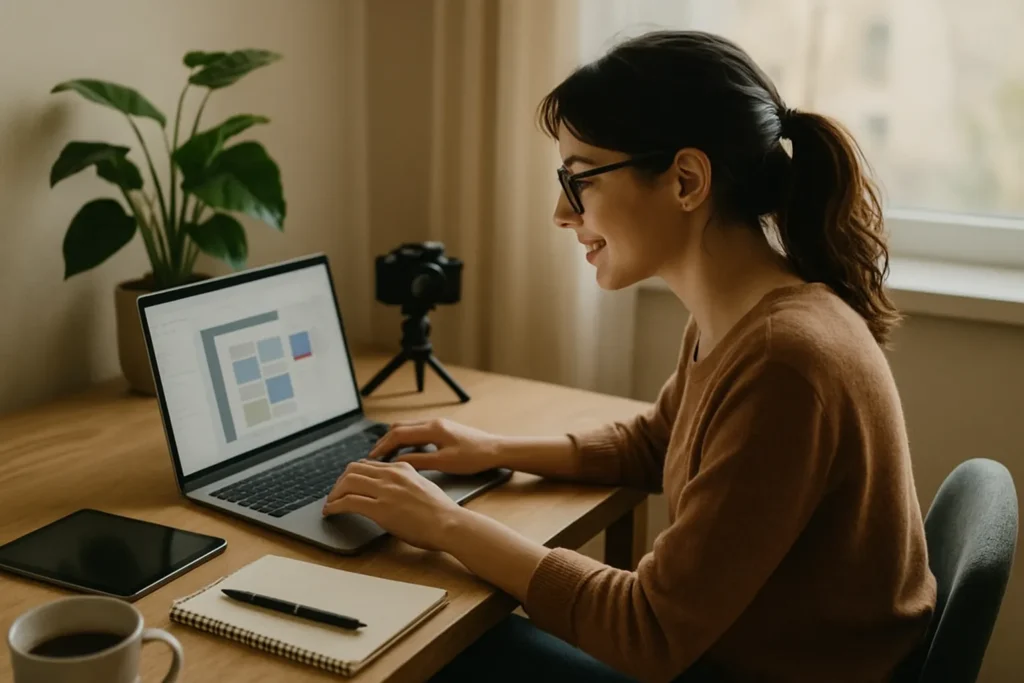 woman at her desk creating digital products and content on her laptop in a bright, creative workspace