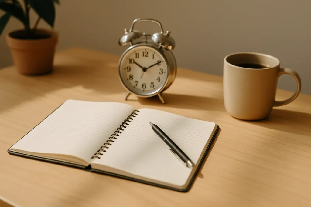 open notebook with pen, alarm clock, and coffee mug on a sunlit desk, symbolizing discipline and consistency in daily routines