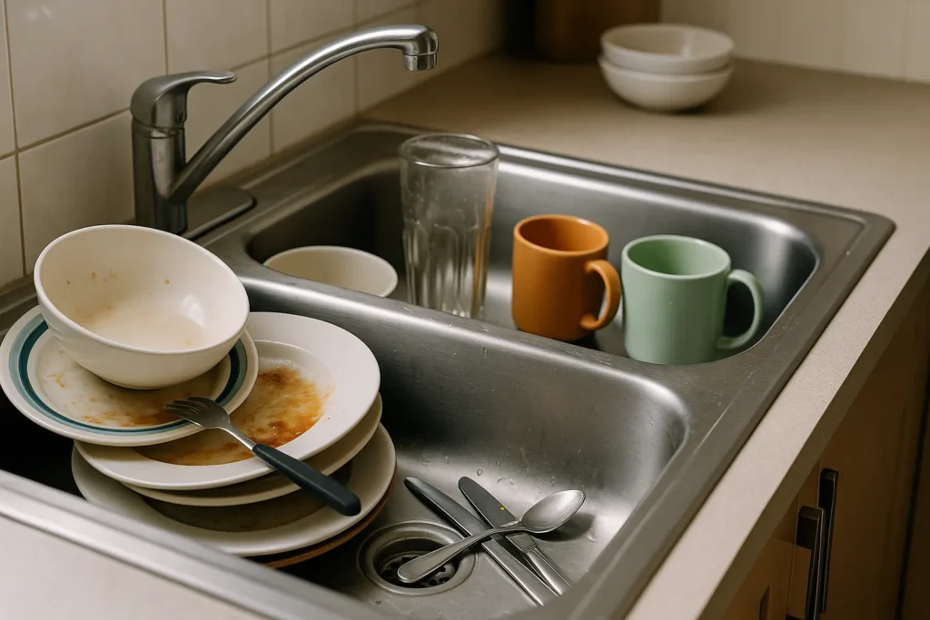 Kitchen with dirty dishes left in the sink showing how simple home clutter habits can make a space feel messy.