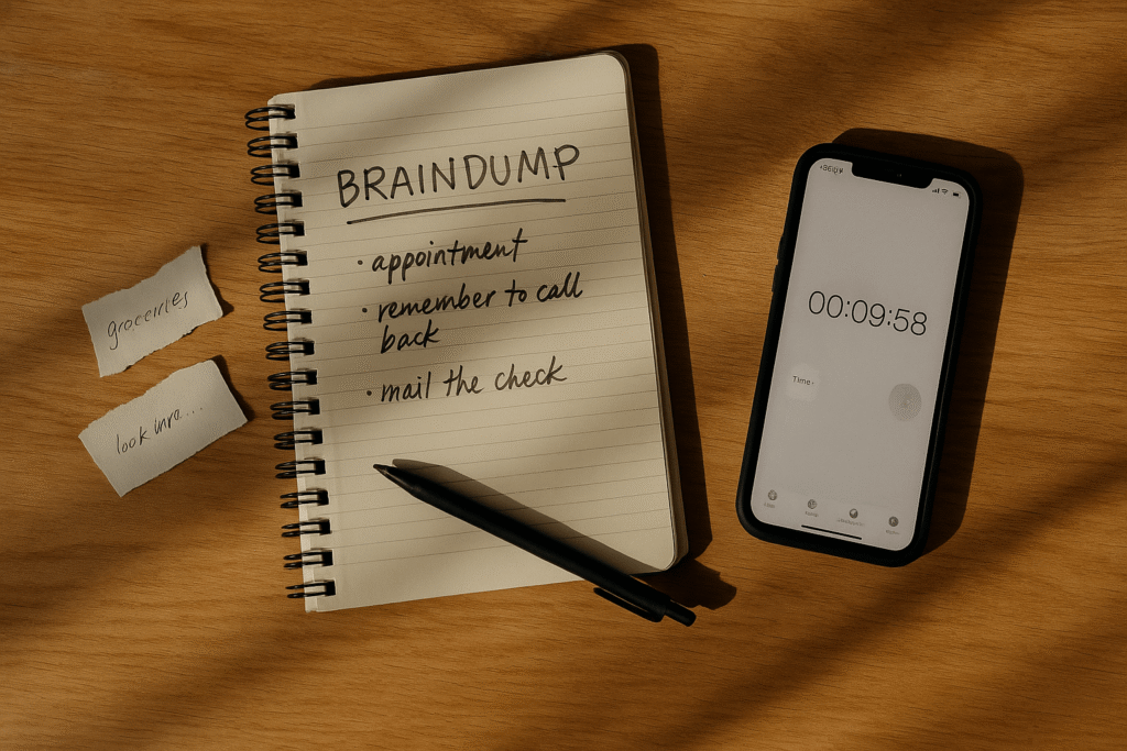 quick brain dump on paper to clear mental clutter—open notebook with messy bullets, timer on phone, scattered scraps