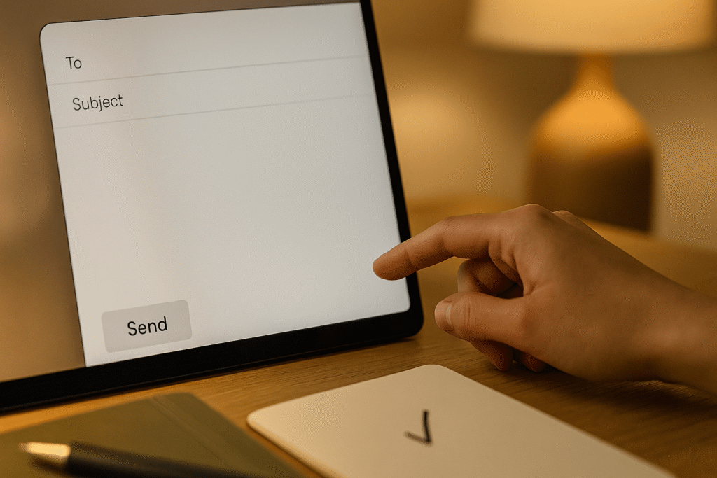 fingertip hovering over the Send button on a clean email draft beside a notebook with a single checkmark