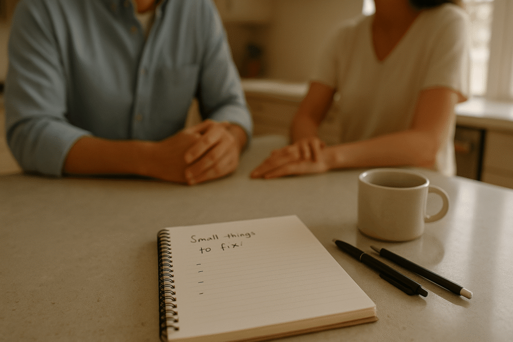 partners calmly addressing small issues early at a kitchen island—spiral notebook titled “Small things to fix,” two pens, morning light