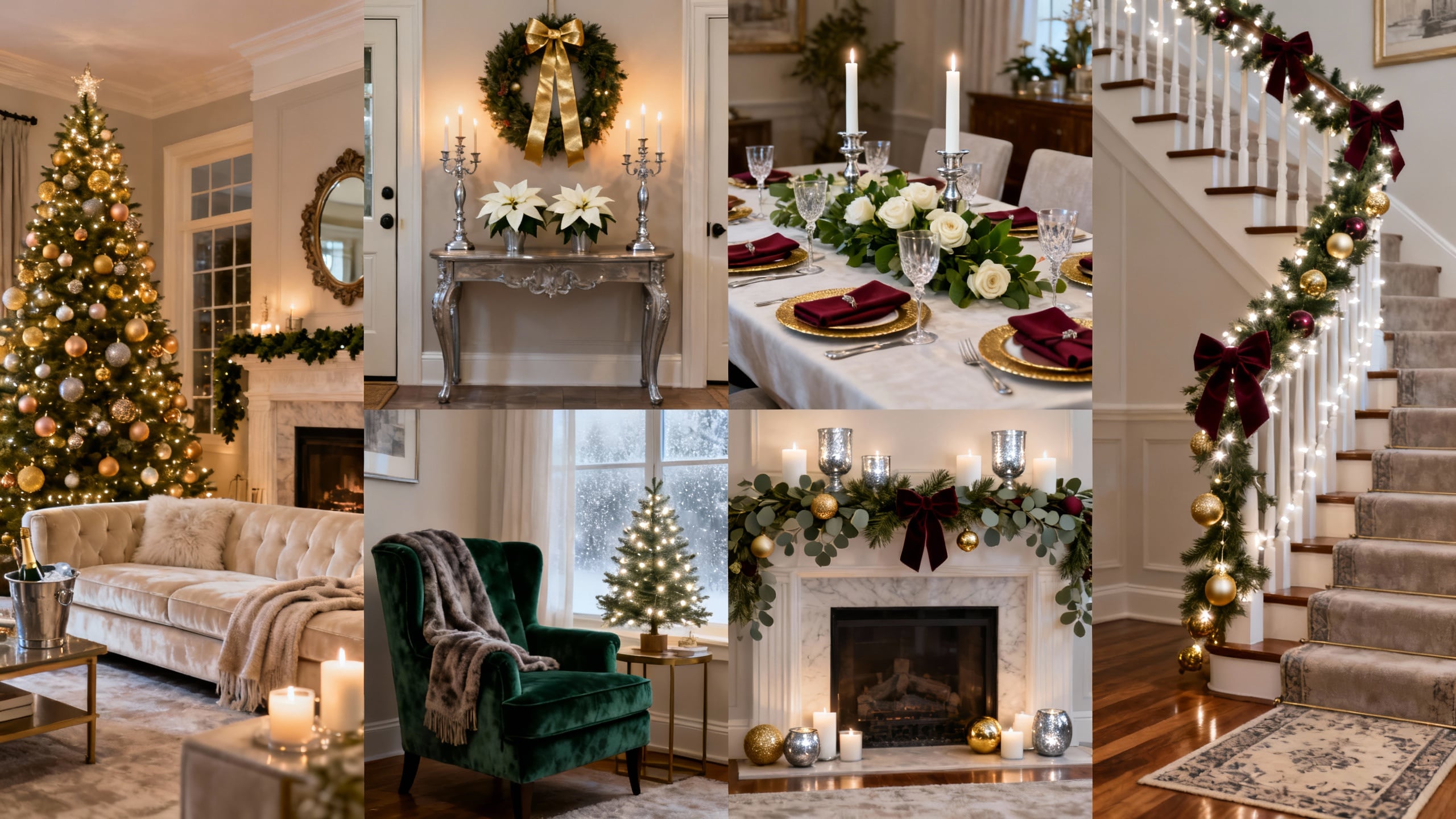Elegant Christmas decorating ideas for a calm neutral living room with candles, wreath, and monochrome tree.