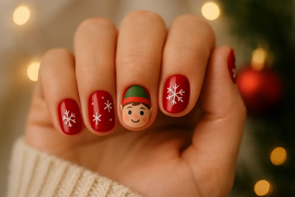 Elf-themed short holiday manicure with red polish and snowflakes captured for yourselflovehub.com.
