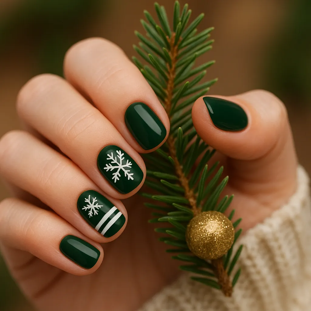 Green and white nature-inspired holiday manicure holding a pine branch, featured on yourselflovehub.com.