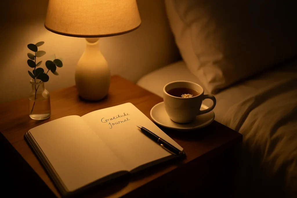 nighttime bedside scene with a small gratitude journal, pen, dim lamp, chamomile tea, and a sprig of eucalyptus, calm warm light for a peaceful Sunday close
