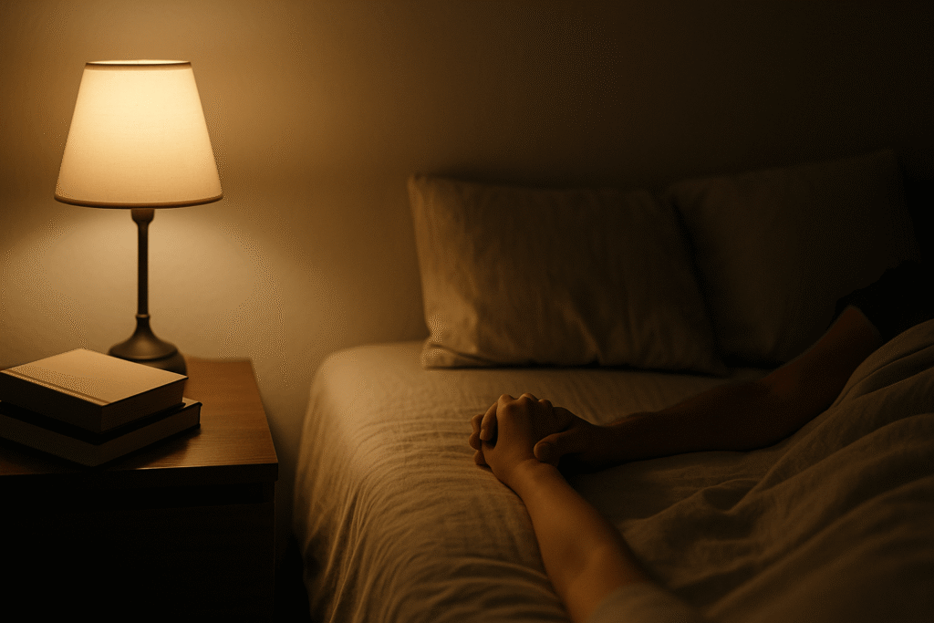 end-of-day reconnection—joined hands on a duvet beside a dim bedside lamp and two books, warm calm light
