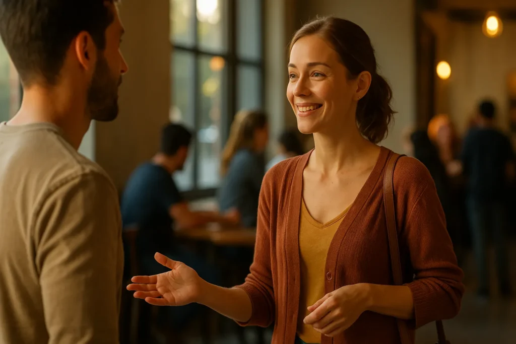 woman smiling warmly and gesturing as she wraps up a conversation with a man at a busy café-style gathering