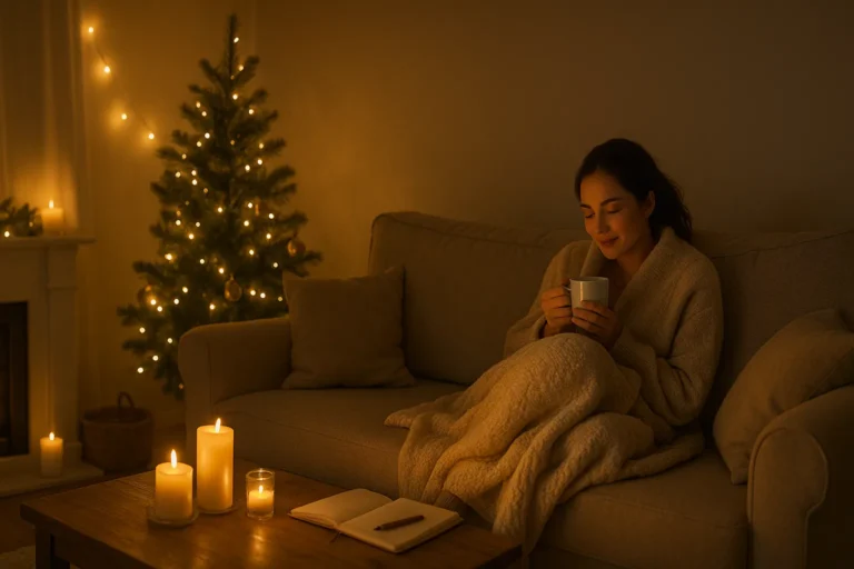 Cozy living room scene showing how to enjoy the holidays reduce stress with simple decor and a calm evening ritual.