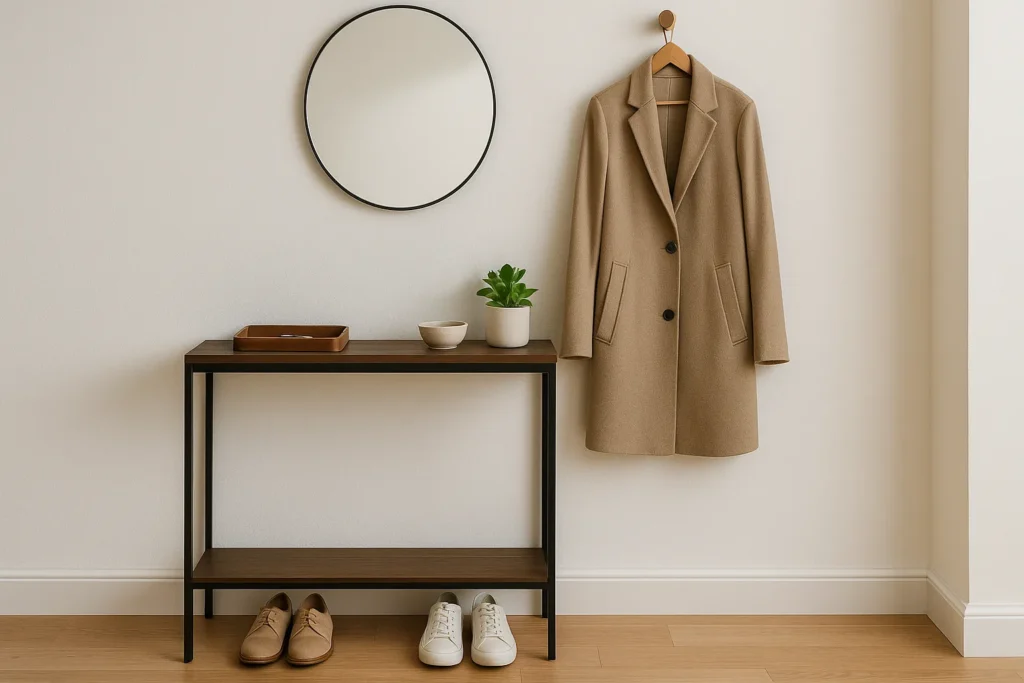 A streamlined entryway with just essentials on display, highlighting Things To Declutter This Weekend for a calmer home entrance.