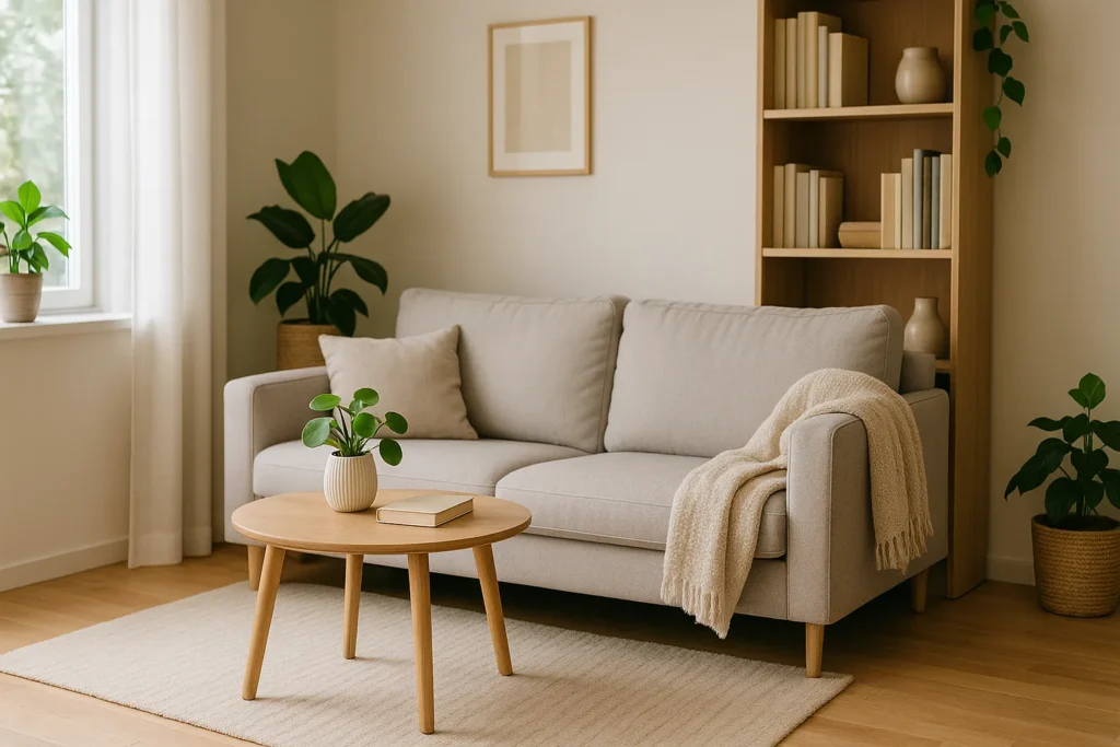Horizontal photo of a bright, tidy living room with a light gray sofa, wooden coffee table, bookshelves, and several green plants, all lit by natural daylight.