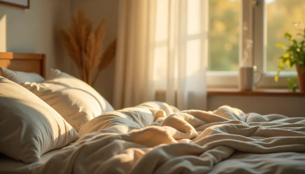 soft morning light falling across an unmade bed with fluffy pillows and blankets in a calm neutral bedroom