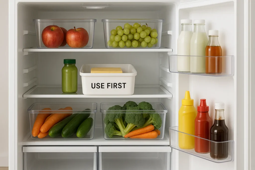 An organized fridge with clear bins and a “use first” section, matching food decluttering tips shared on yourselflovehub.com.