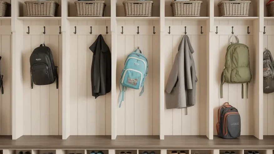 Row of farmhouse hooks and cubbies, each with its own coat, backpack, and basket, creating simple family zones in a real-life mudroom inspired by yourselflovehub.com.
