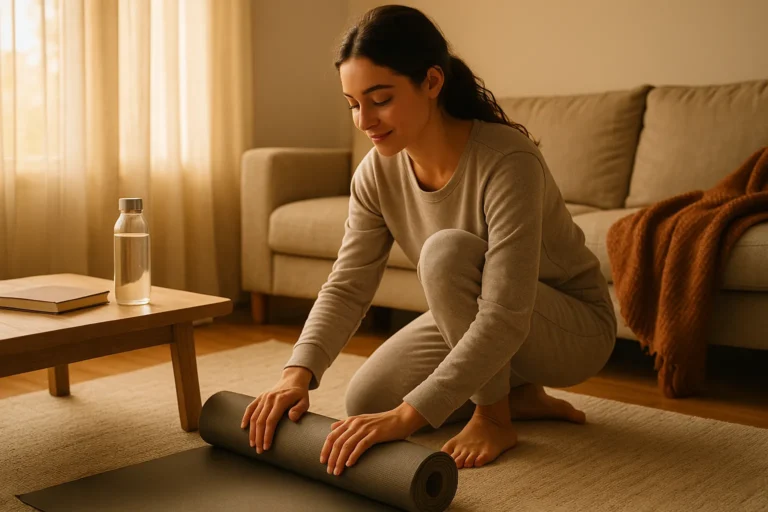 woman rolling up a yoga mat in a warm sunlit living room with a water bottle and journal nearby, representing 75 Medium: A Softer, Realistic Alternative to the 75 Hard Challenge
