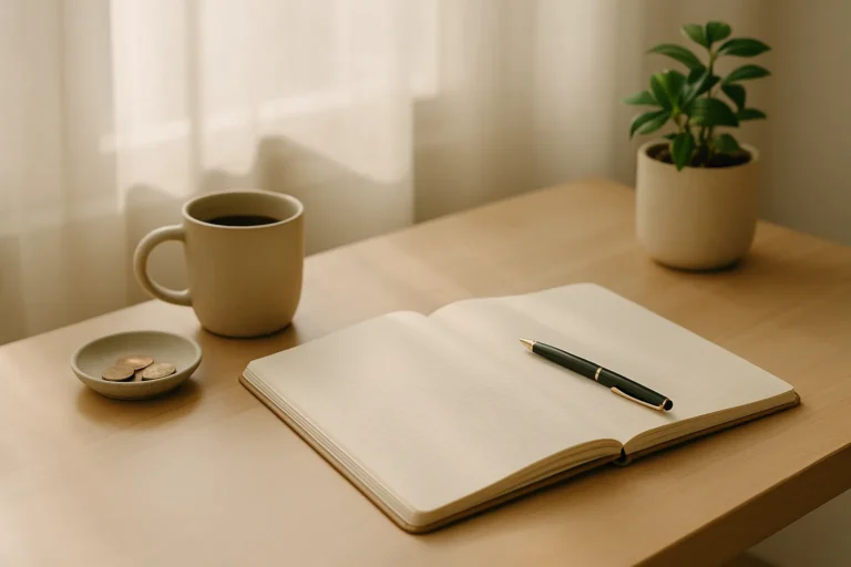 a cozy sunlit desk with an open notebook, pen, coffee mug, small dish of coins, and plant representing Finance Affirmations for Financial Freedom